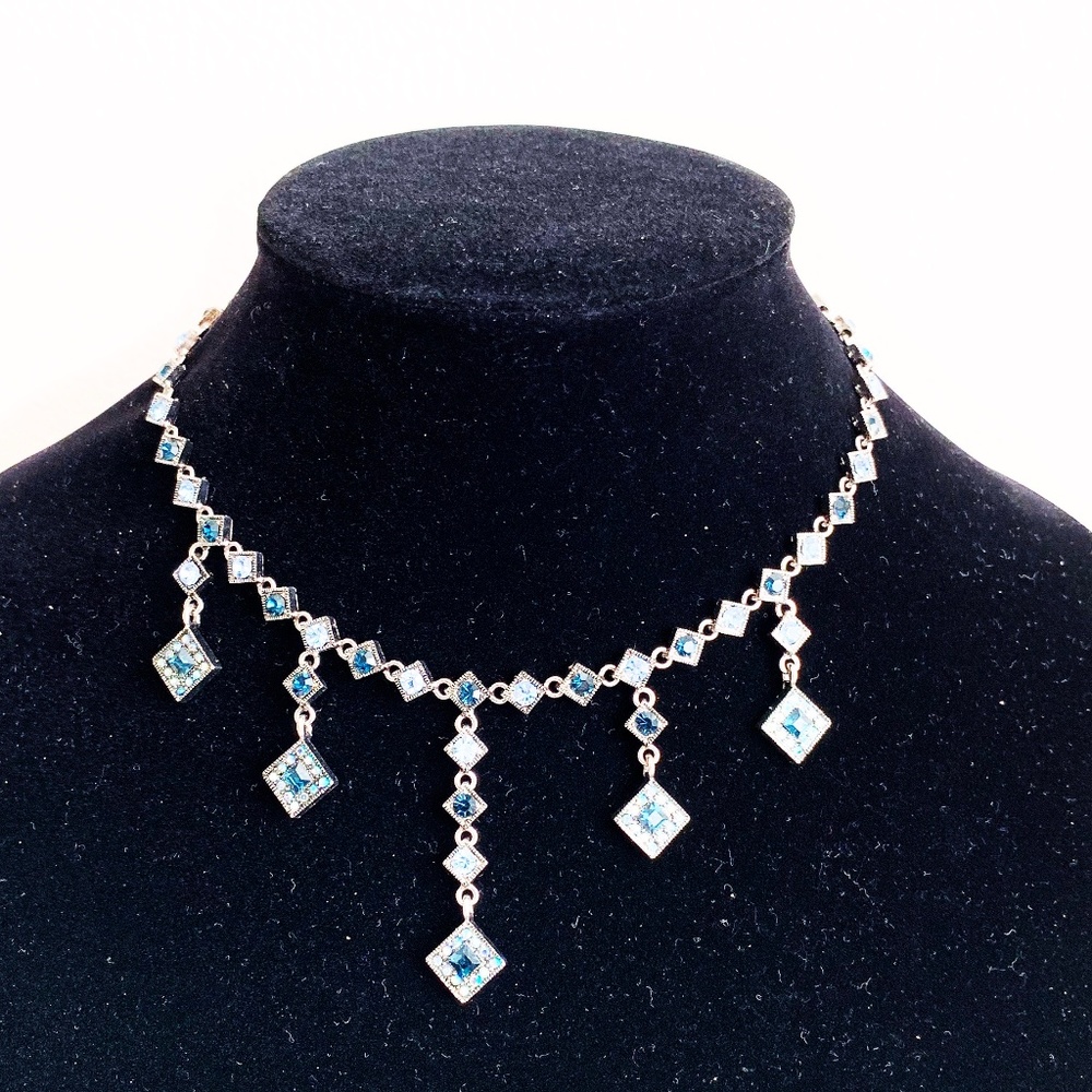 Blue Diamond Shape Rhinestone Necklace - Picture 4 of 7